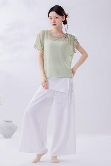 Green Short Sleeve Top And White Wide-Leg Pants Set image 2